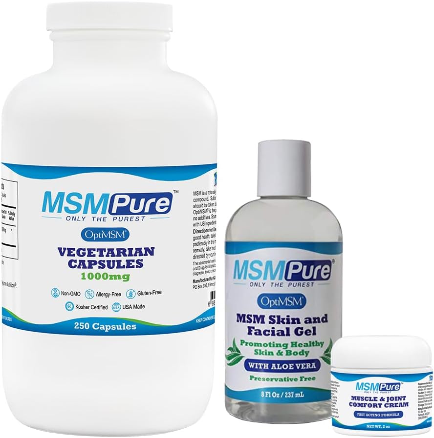 KALA Health MSMPure Starter Bundle med MSM kapsler 250 Greve, MSM Muscle & Joint Cream 2oz og MSM Gel med Organic Aloe 8oz