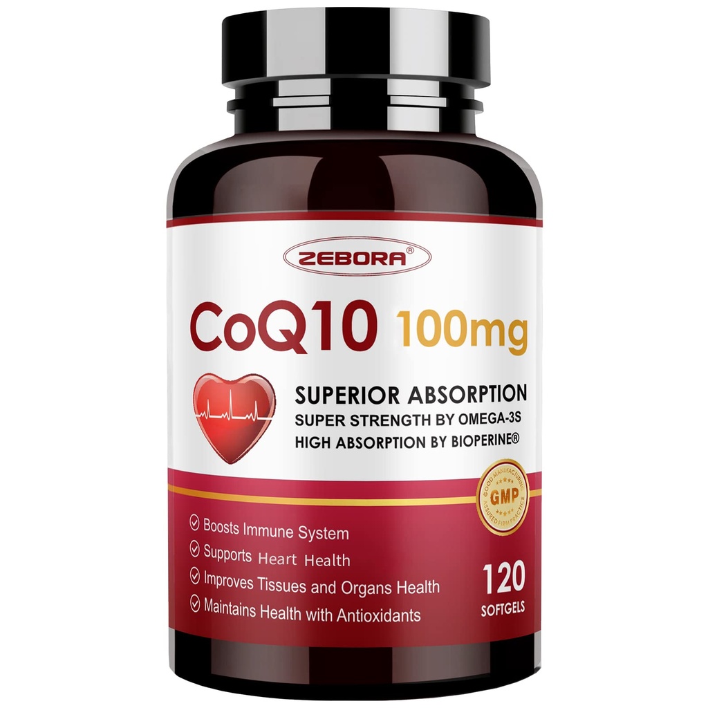 ZEBORA CoQ10- 100mg- Softgel med PQQ, BioPerine & Omega-3, High Absorption Coenzym Q10 Supplement, Powerful- Antioxidant, Support Heart & Energi- Production 120 Serveringer, Non- GMO