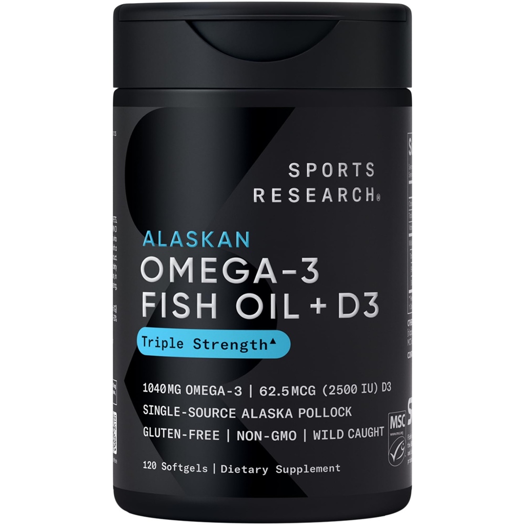 Sports Research ® Alaska Omega-3 Fish Oil 1040mg + D3-vitamin 2500iu - Understøtter hjerne & hjerte sundhed - MSC Certificeret bæredygtig · Wild-fanget · Non- GMO · triglycerid Form - 120 Grev Softgels