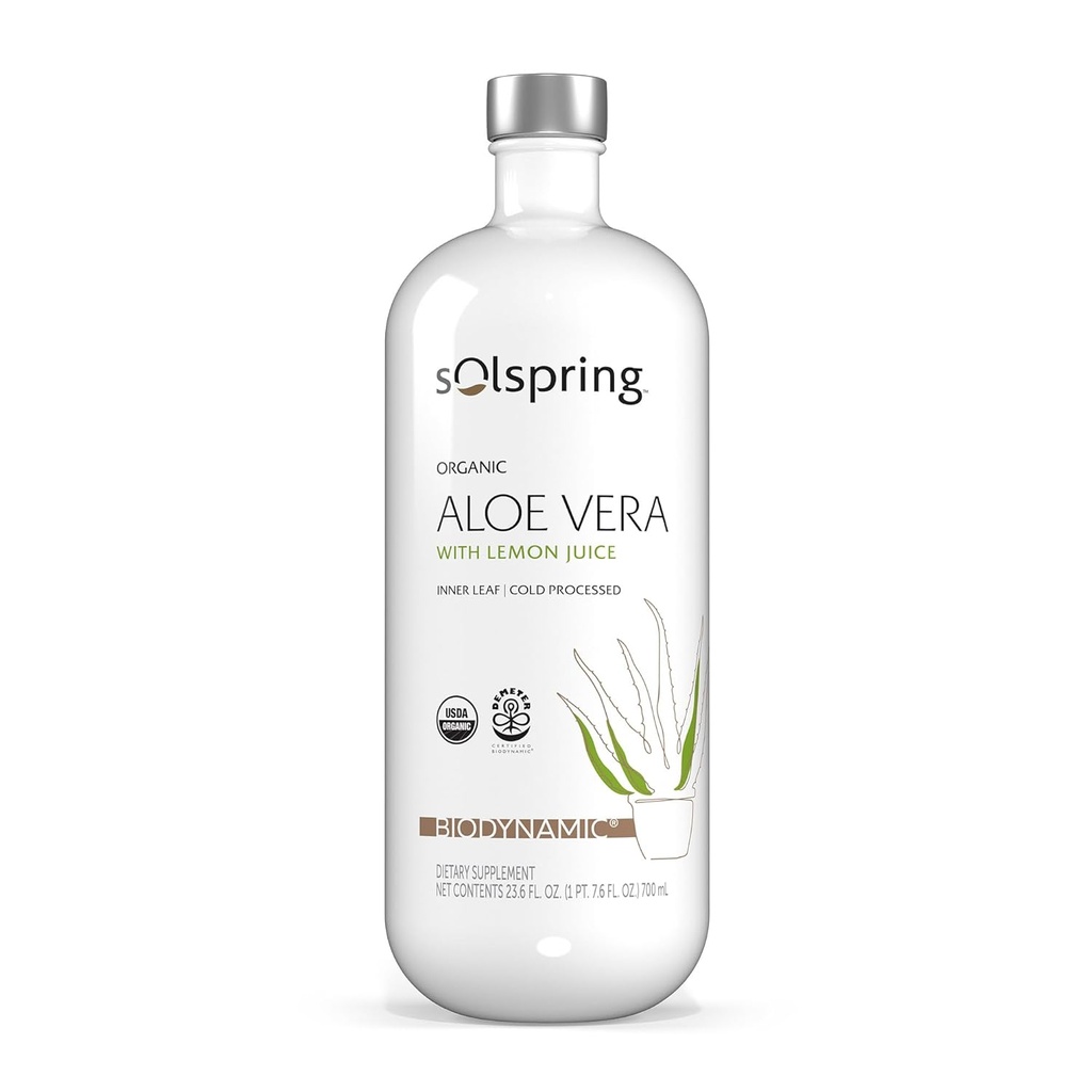 Solspring Biodynamisk Aloe Vera Juice med Lemon, 23.6 Fl. Oz. (700 mL), Unpasteurized, Certified USDA Organic, Regenerative, Non- GMO, Gluten Free, Soy Free, Dr. Mercola