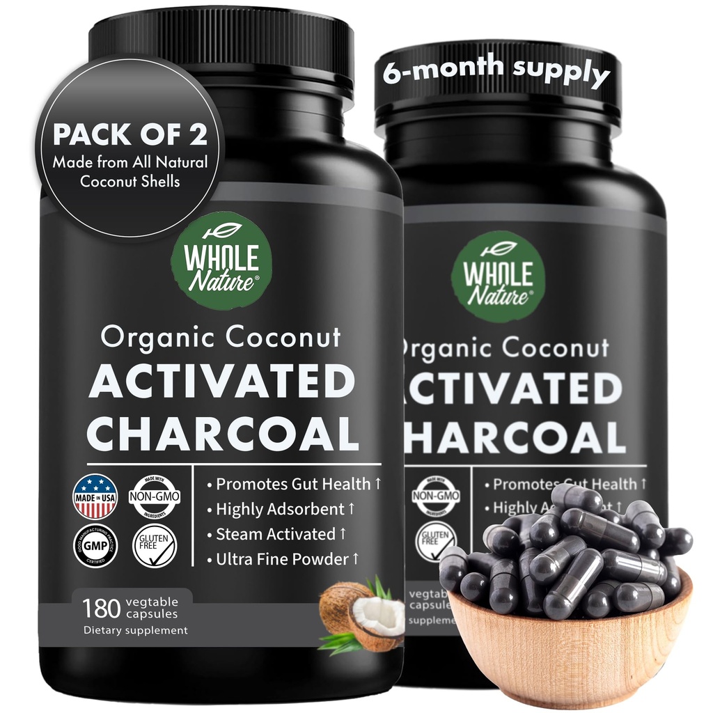 Kokos Aktiveret kul kapsler, 180 Kokos kapsler, Tandblegning, Hjælper Forstoppelse, Bloating, Mave Gas, Heartburn, Pure Kokos Derived Supplement (2)