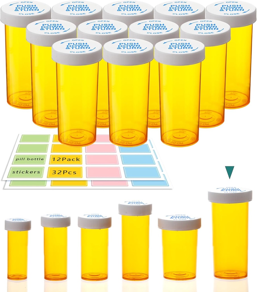 3.75oz Tomme pilleflasker med Child- Resistent Caps, 12 Pack - Stor kapacitet, Fugt- Bevis, BPA- Free, med 32 Easy- Peel Labels for Organizing Pills, Vitaminer, Kosttilskud, perler, og mere
