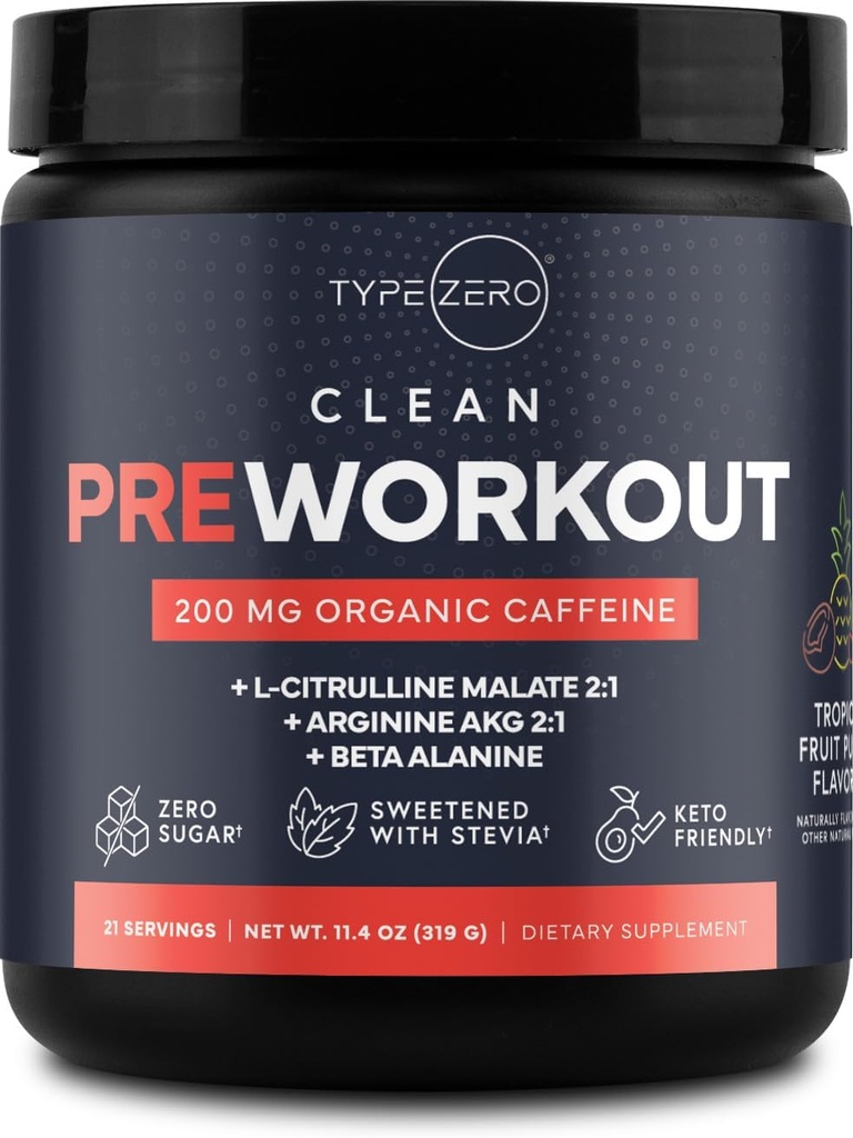 Type Zero Clean Pre Workout (11.3 oz, Fruit Punch) + Beet Root + L- Arginin + L- Citrullin, 2G Arginin, L- Citrullin Malat, Beta A, Sugar Free, Organic Coffein Fortræning for mænd og kvinder
