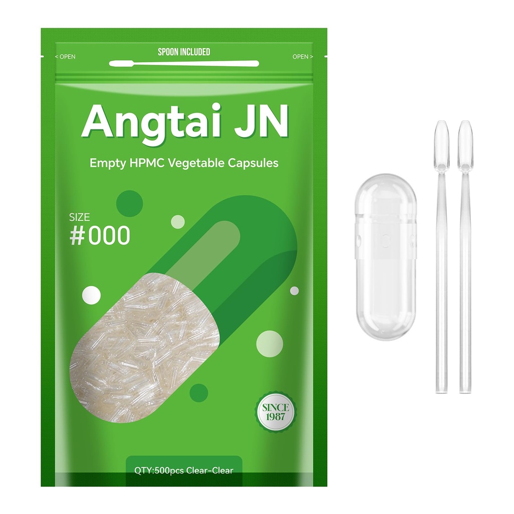 Capsules Size 000 Vegan Empty Plant Based Clear (500 Count) Gluten Free, Non-GMO, Halal Certified Pill Caps Filling Kit with 2 Spoons for Vegetarian DIY Your Own Supplements