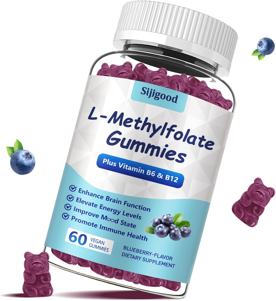 L- Methylfolat Gummies med methyl B12 - Empower Mood, Optimér hjernesundhed & Fortify immunsystem. Blåbær Flavor 60 Greve.