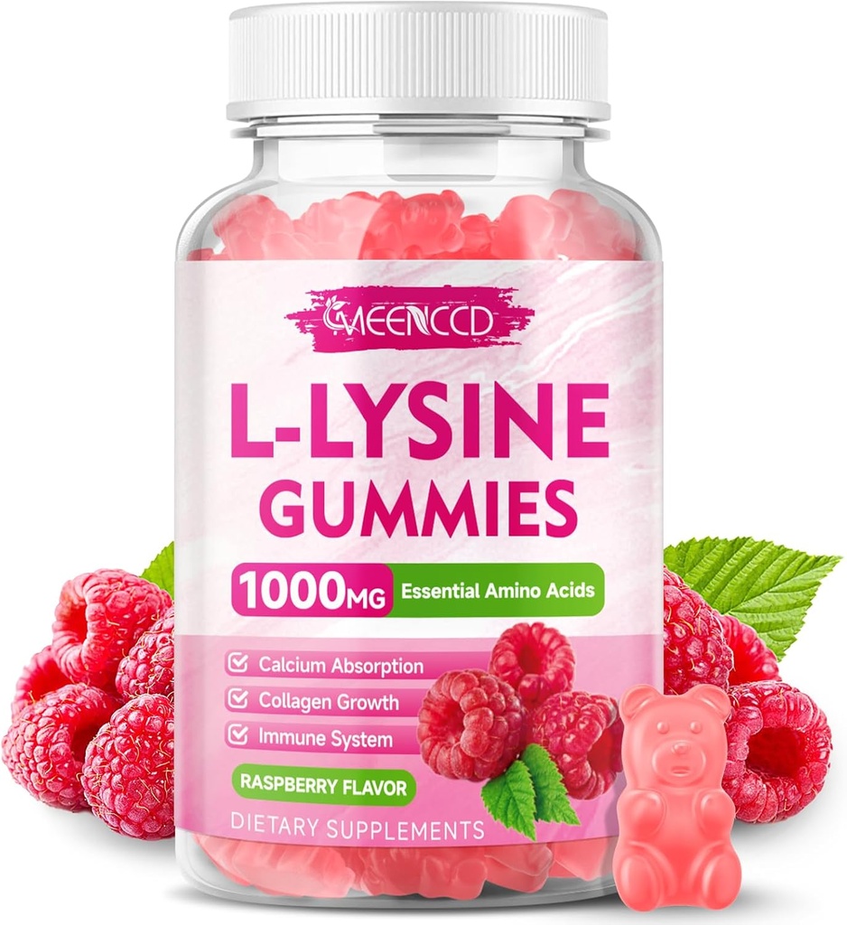 L- Lysin 1000mg Gummies, Lysin supplement til voksne & børn, Essential Aminosyre supplement til læber & oral sundhed, Boost immunforsvar & kollagen & Calcium, sukkerfri, Raspberry Flavor, 60 Greve