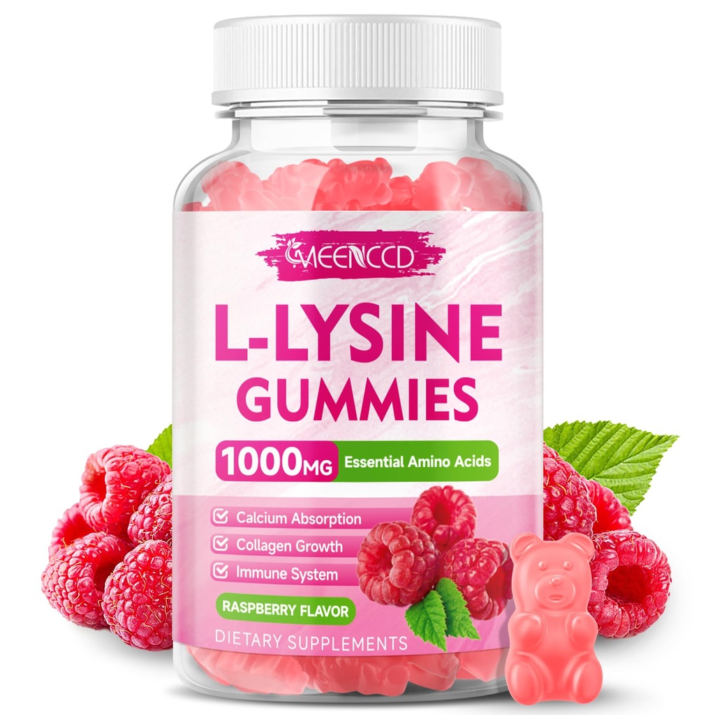 L- Lysin 1000mg Gummies, Lysin supplement til voksne & børn, Essential Aminosyre supplement til læber & oral sundhed, Boost immunforsvar & kollagen & Calcium, sukkerfri, Raspberry Flavor, 60 Greve