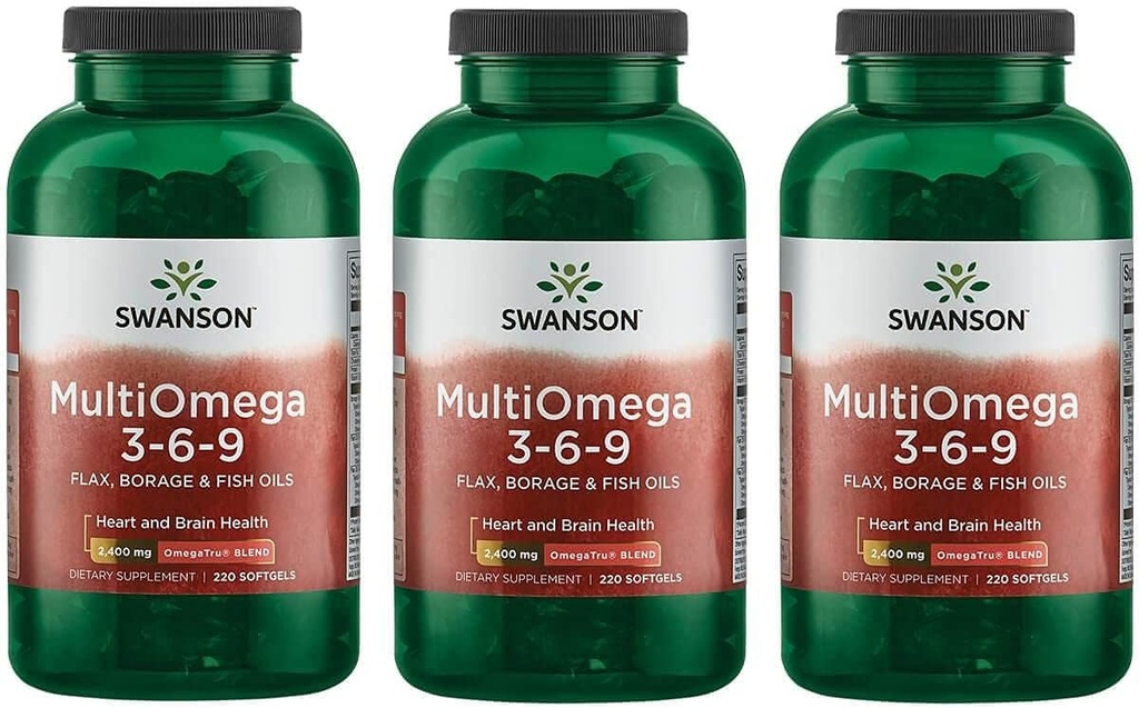 Swanson MultiOmega 3-6-9 - Non-GMO Hør Olie, Borage Oil, '&' Fish Oil Capsules - Essential Fedtsyrer Support Cardiovaskulær Sundhed '&' Brain Health - (220 Softgels, 2400mg Serving) 3 flasker