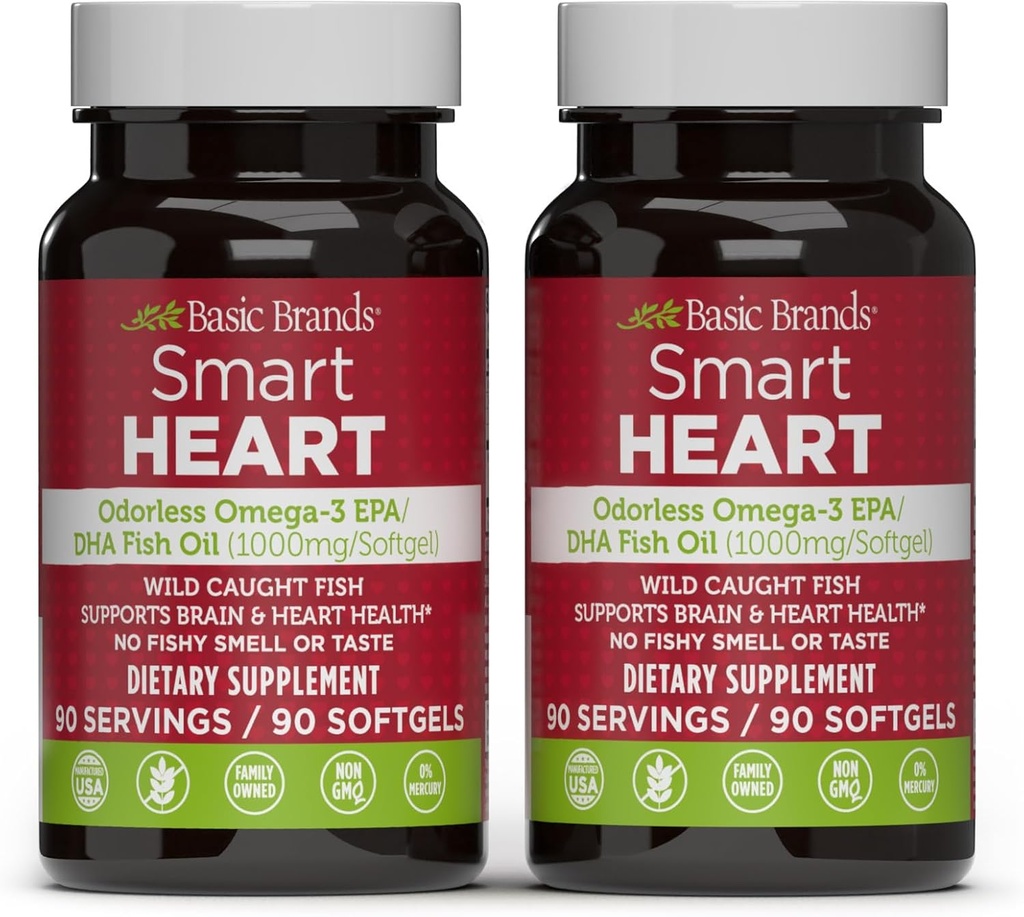 Grundlæggende Brands Smart Heart Odorless Omega-3 Fish Oil 1000mg - Triple Strength EPA & DHA, Non- GMO, Heart & Cognitive Support - 90 Burpless Softgels - 2-Pack