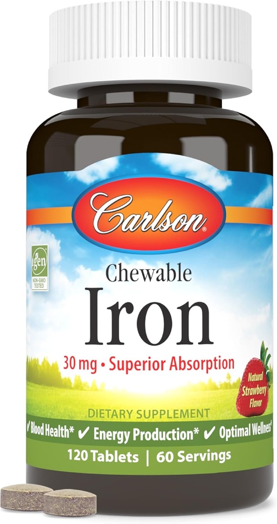 Carlson - Chewable Iron, 30 mg, Superior Absorption, Blood Health, Energy Production & Optimal Wellness, Chewable Iron Supplement for kvinder & mænd, Natural Strawberry Flavor, 120 tabletter