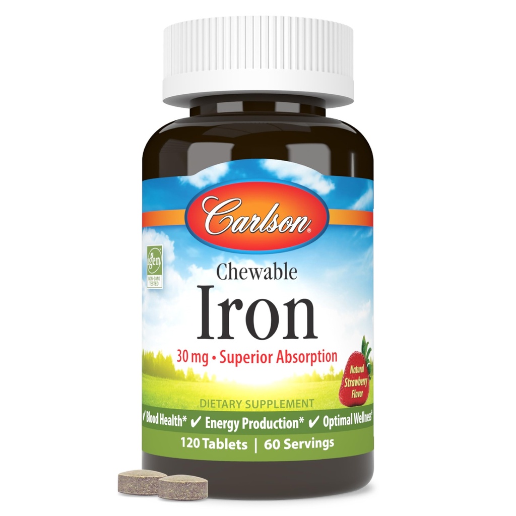 Carlson - Chewable Iron, 30 mg, Superior Absorption, Blood Health, Energy Production & Optimal Wellness, Chewable Iron Supplement for kvinder & mænd, Natural Strawberry Flavor, 120 tabletter