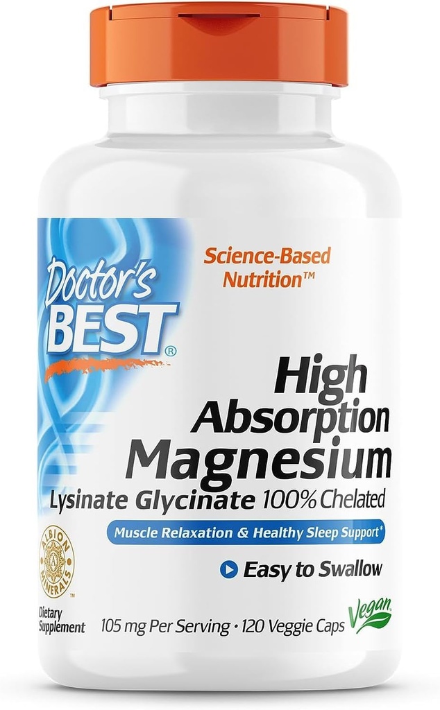 Doctor 's Best High Absorption Magnesium Glycinate Lysinat 100% Chelated, Non- GMO, Vegan, 120 Veggie Capsule (pakning med 1)
