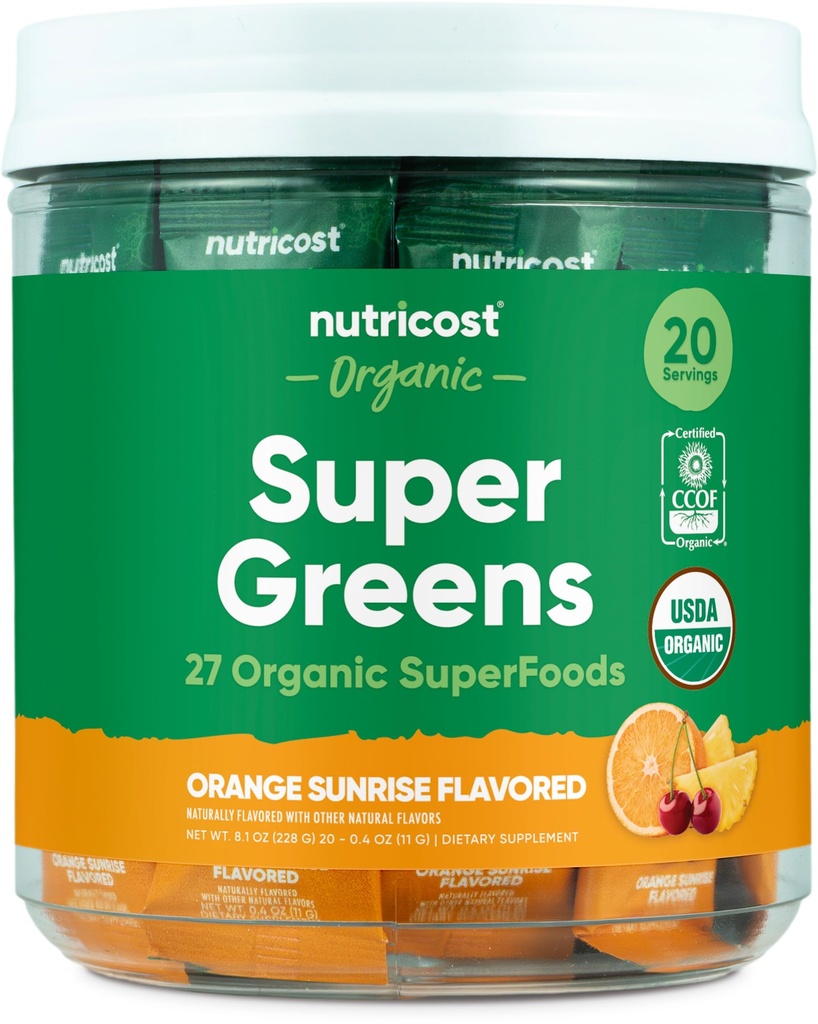 Nutricost Organic Super Green (Orange Sunrise Flavored) 20 Stickpacks - Gluten- Free, Non- GMO