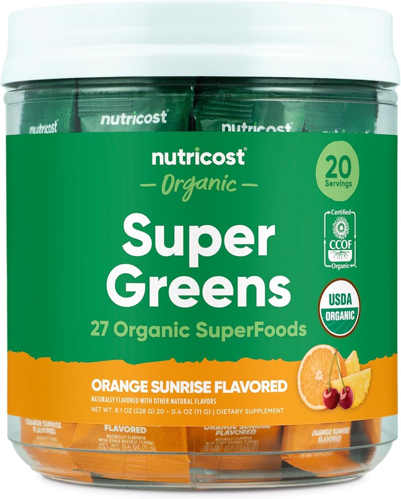 Nutricost Organic Super Green (Orange Sunrise Flavored) 20 Stickpacks - Gluten- Free, Non- GMO