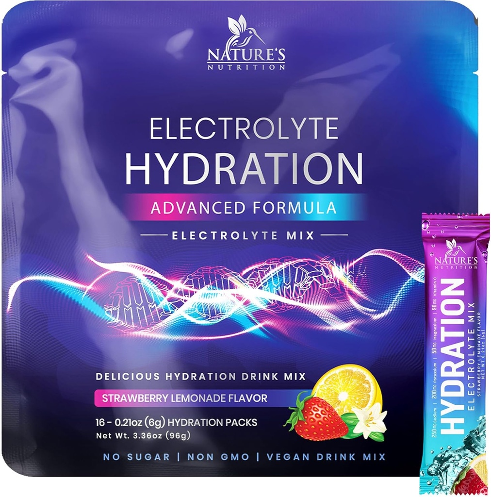 Elektrolyter Hydration Pakninger - Keto Inddrivelse Pulver med kalium, Magnesium, natrium, zink & vitamin C, sukkerfri, Hydration Electrolyte Liquid Drikke miks, Vegan, Strawberry Lemon (16 Pack)