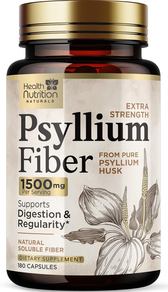 Psyllium Husk Kapsler 1500 mg - Natural Fiber Supplement Pills, Daglig fordøjelse, Colon Health, & Regularity Support, Plant Based Psyllium Husks Powder Caps, Vegan, Non- GMO - 180 Veggie Kapsler