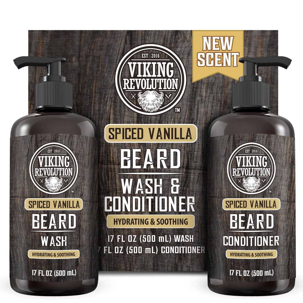 Viking Revolution Beard Wash og Beard Conditioner for mænd med Argan Oil og Jojoba Oil - Beard Softener og Stronthener Beard Care Beard Shampoo og Conditioner med Beard Oil (17oz Spiced Vanilla)