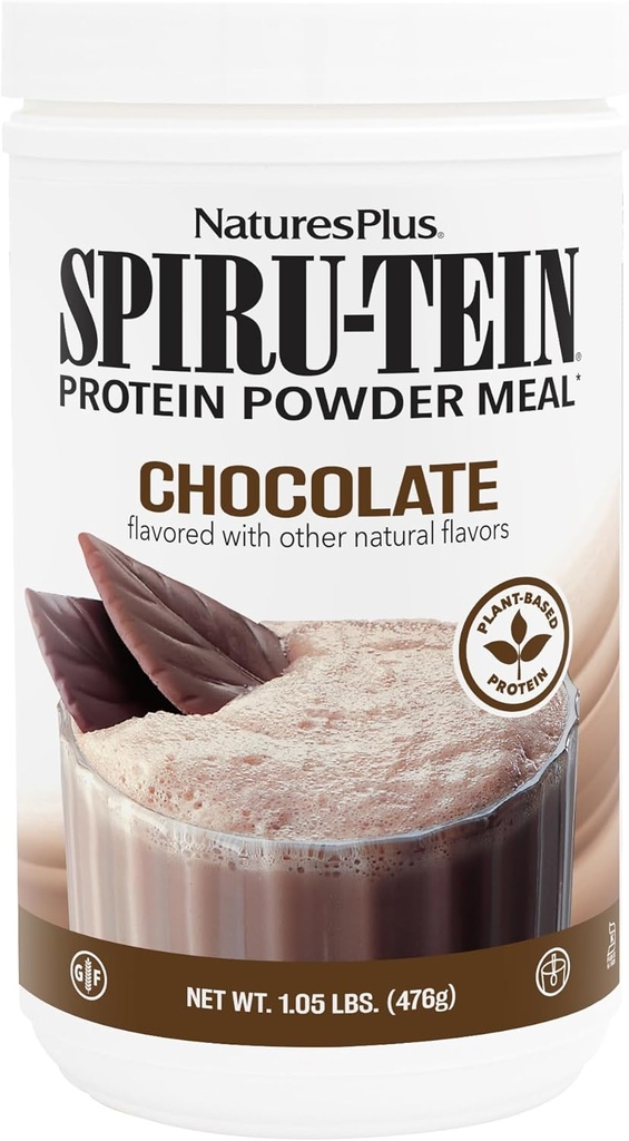 Natures Plus SPIRU- TEIN, Chokolade - 1,05 lb - Plantbaseret protein Shake - Non-GMO, Vegetar, Gluten Free - 17 Total Servering
