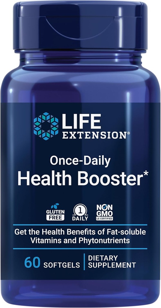 Life Extension Once- Daily Health Booster - Vitamin & Nutrients Supplement for Whole- Body Health - Vitamin K Complex, E-vitamin, Saffron, Lutein og mere - Non- GMO, Gluten- Free - 60 Softgels