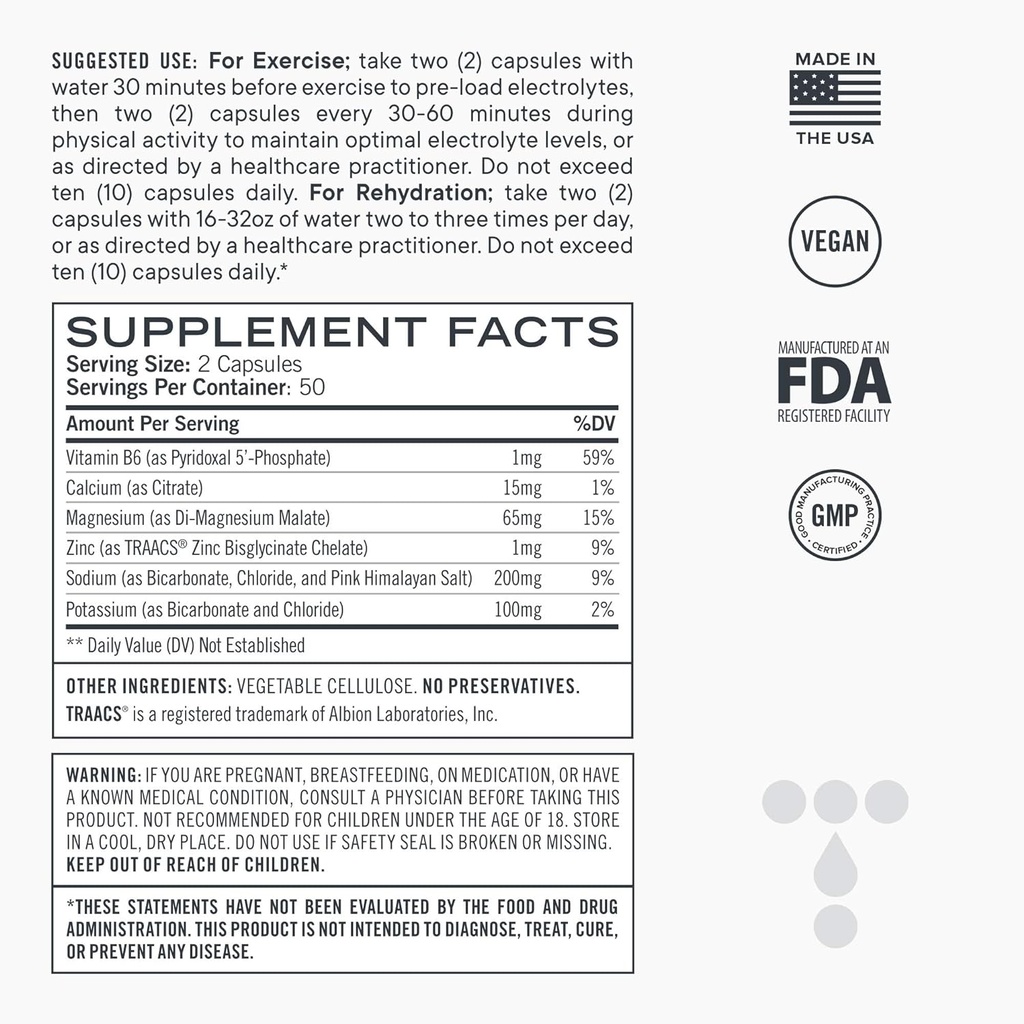 Elektrolytkapsler, lav Carb naturlig erstatning Rehydrering Salte med magnesium, zink, calcium, og natrium (100ct)