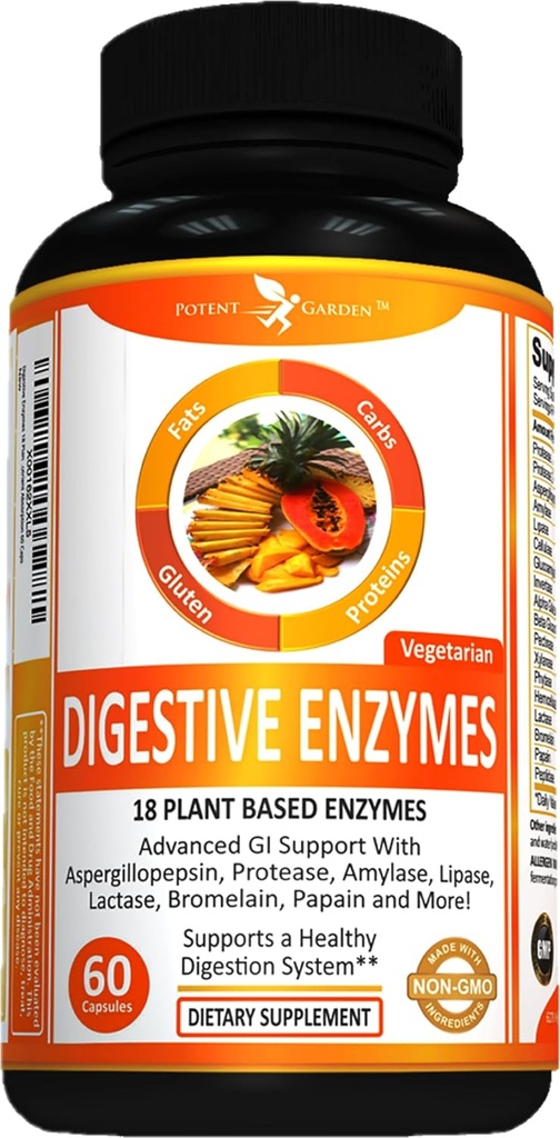 Potent Garden Digestive Enzymes -18 Plant Based Enzymes with amylase lipase bromelain Protease lactase & Other Enzymes - One Pre Meal Pill Supports Healthy Digestion & Nutrient Absorption 60 Caps
