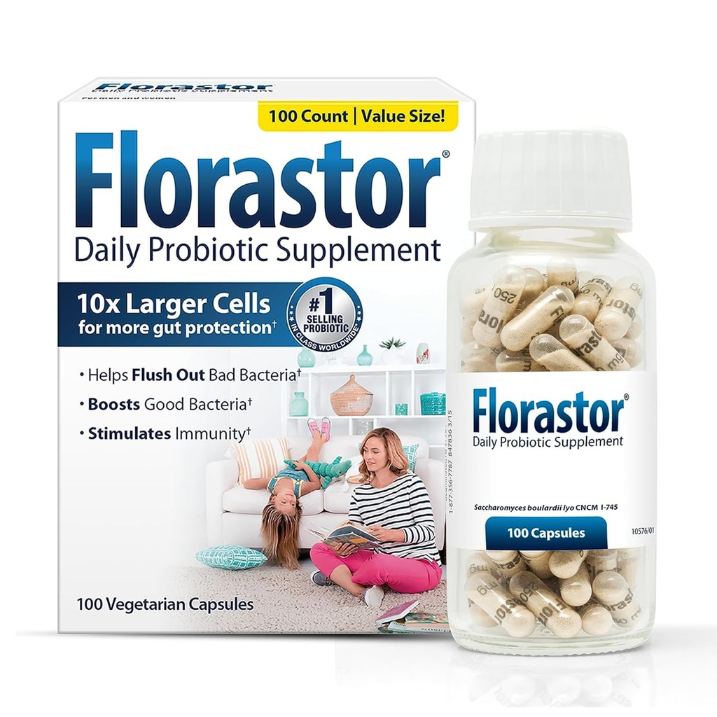 Florastor Daily Probiotic Supplement for kvinder og mænd, Proven til støtte fordøjelsessygdomme, Saccharomyces Boulardii CNCM I- 745 (100 kapsler)
