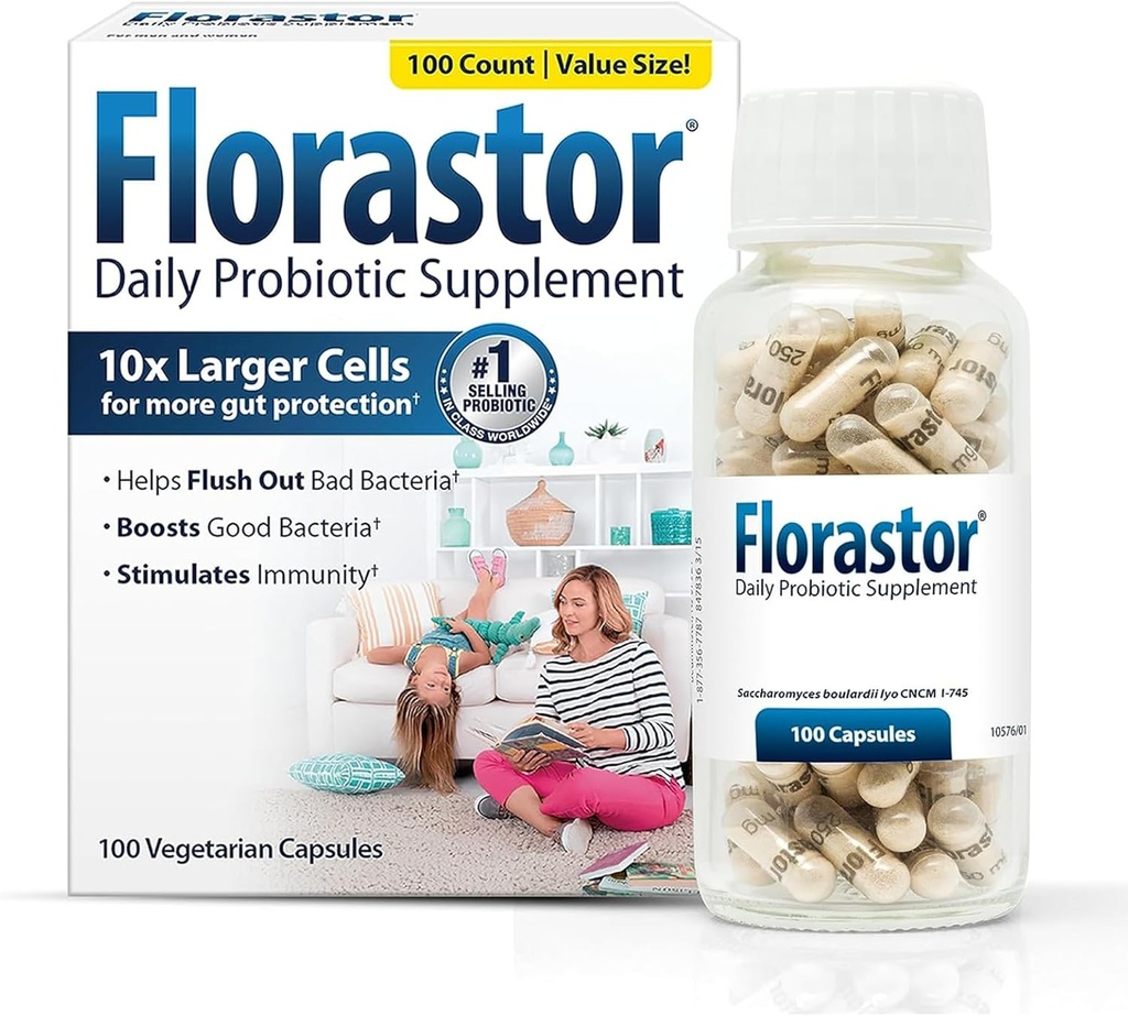 Florastor Daily Probiotic Supplement for kvinder og mænd, Proven til støtte fordøjelsessygdomme, Saccharomyces Boulardii CNCM I- 745 (100 kapsler)
