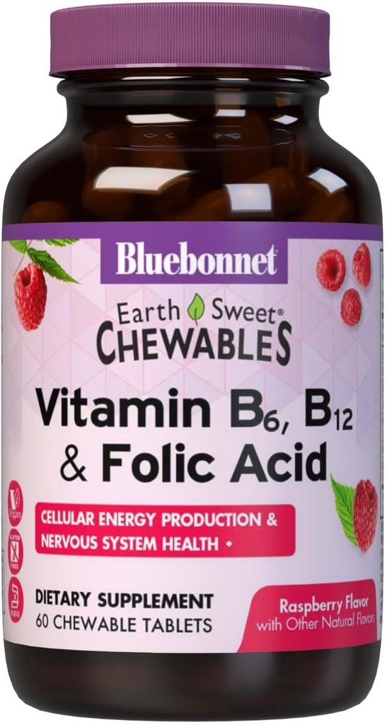 Bluebonnet Nutrition Earth Sweet Vitamin B6, B12, Plus Folinsyre Chewable Tablets, Vegan, Vegetar, Gluten Free, Soy Free, Milk Free, Kosher, 60 Chewable Tablets, Raspberry Flavor