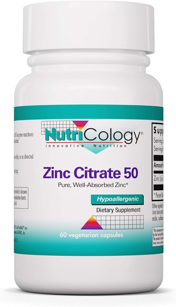 Nutricology Zink Citrate Supplement - Zink til mænd og kvinder, immunforsvar, Pure, Well- Absorberet, Well- Tolereret, Trace Mineral, 50mg vegetariske kapsler - 60 Greve