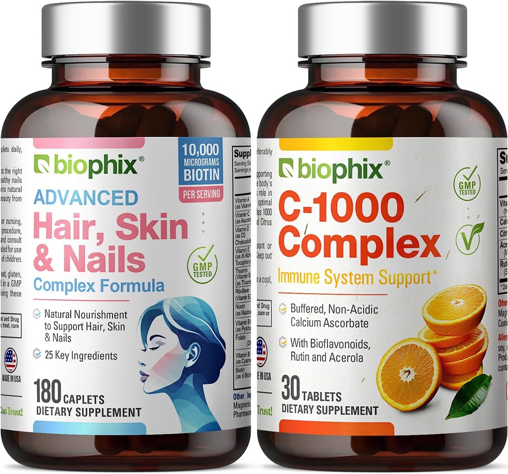 Hår hud og negle Complex 180 kapsler med 10000 mcg biotin - Gratis vitamin C- 1000 30 tabletter - Multivitamin understøtter stærke negle smukke hår sund aldring