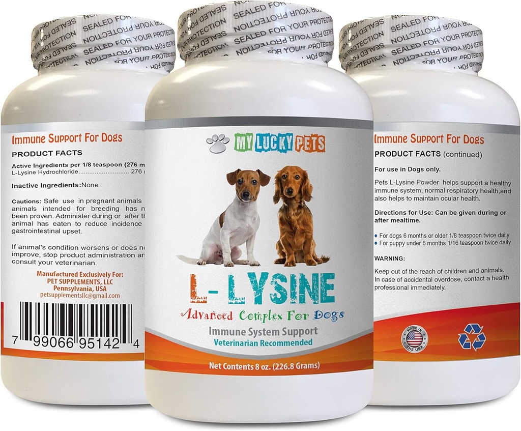 Hund Aminosyre Kosttilskud - Hund LYSINE pulver - Pure Powder Form - Immunsystemet Support - Vet Recommended - Lysin Hunde - 1 flaske (8oz 226.8 Bedste)