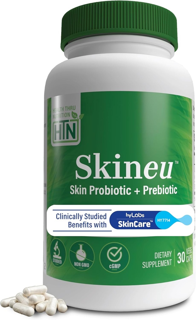 Health Thru Nutrition Skineu - Skin Probiotic + Prebiotic Measures 124; Understøtter Skin Hydration & Elasticitet Mea124; Klinisk Studerede Ingredienser Mea124; 3. part Testet, Non- GMO & Gluten- Free Measures 124; 30 VegeCapsules