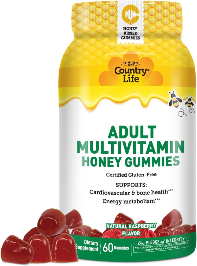 Country Life Voksen Multivitamin Honning Gummies - Ben, Heart & Energy Support - Non-GMO, Certified Gluten Free, Vegetar - naturligt sødet - 60 Gummies
