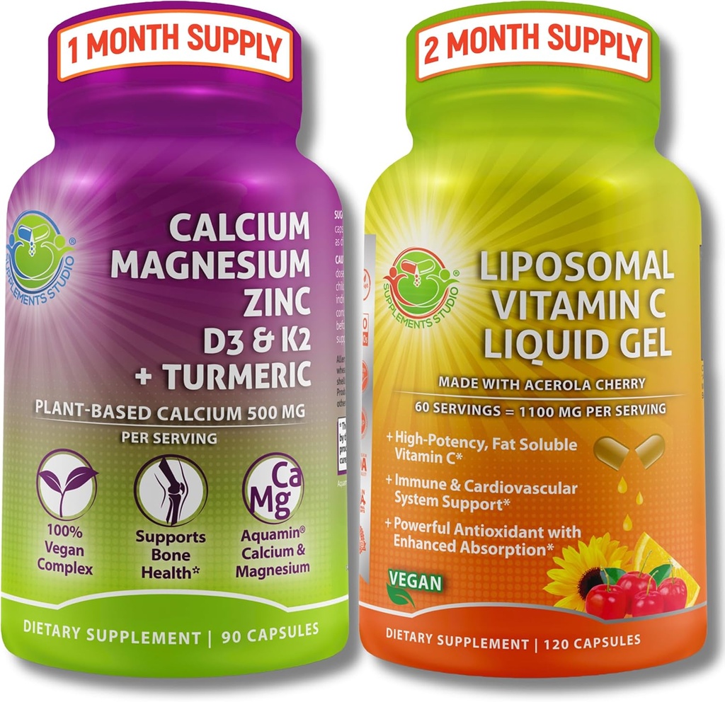Bone & immunsupport Bundle - Liposomal Vitamin C 1100mg Flydende Gel beriget med Acerola Cherry & Plant- Based Calcium (fra Aquamin ®), Magnesium, Zink, D3, K2 + Gurkemeje - Clean Wellness Support