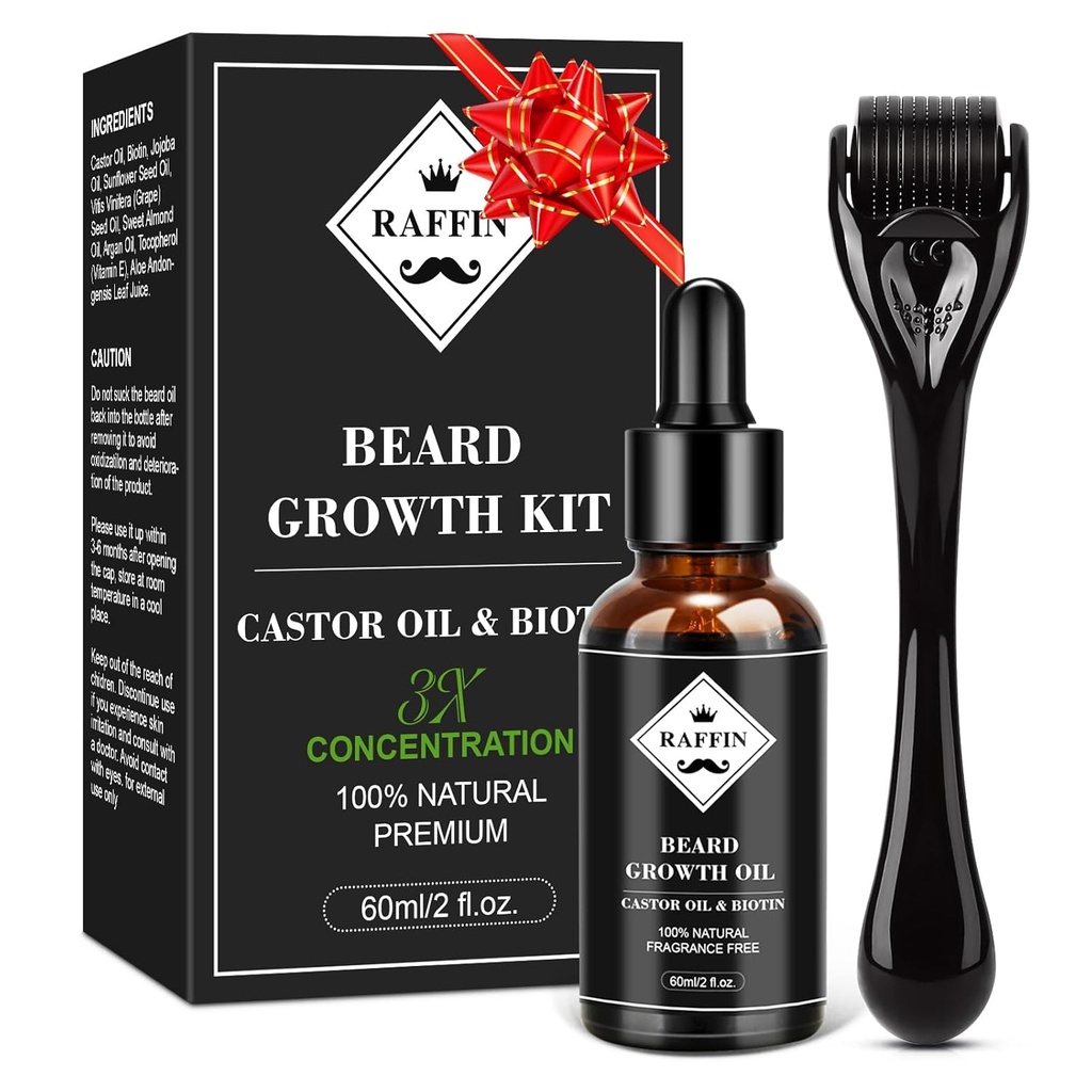 RafFIN Beard Growth Kit, Opgraderet Beard Growth Oil (2Oz) w / Maksimum Thickening Biotin & Castor Oil for Spot / Patchy Beard, Opnå Fuller, Thicker & Healthier Leards, Gaver til ham Kæreste Mand far