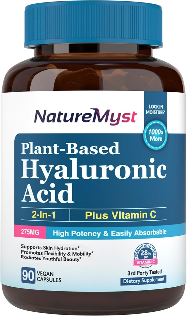 Hyaluronsyre tillæg, med C-vitamin, 250 mg Plant- baseret HA, 90 Vegan Caps, for hud & øjne, Collagen produktion, Nemt Absorbable