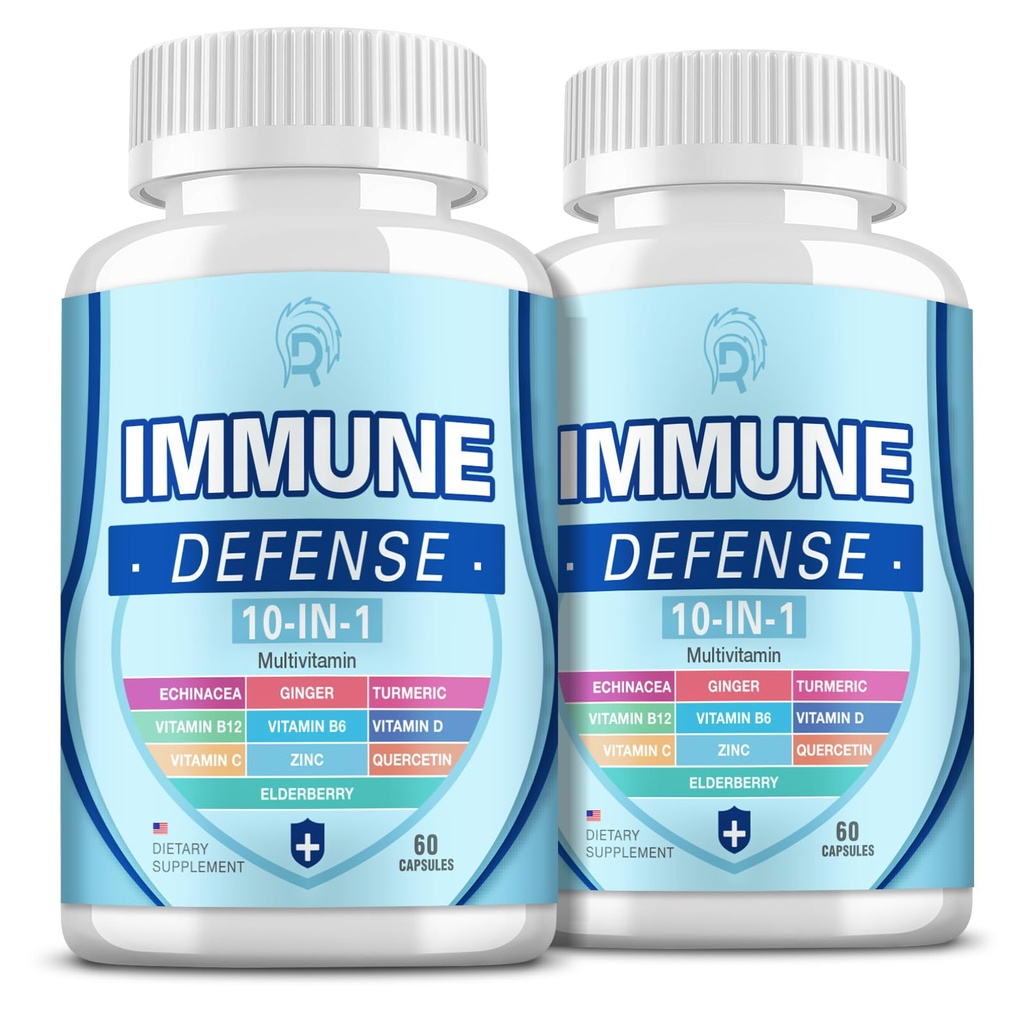 Immunsupport, 10- in-1 immunforsvar med vitamin C, B6, B12, VIT D, Zink, Echinacea Gurkemeje Elderberry Immunboostere til voksne - 120 kapsler (2 pakker)
