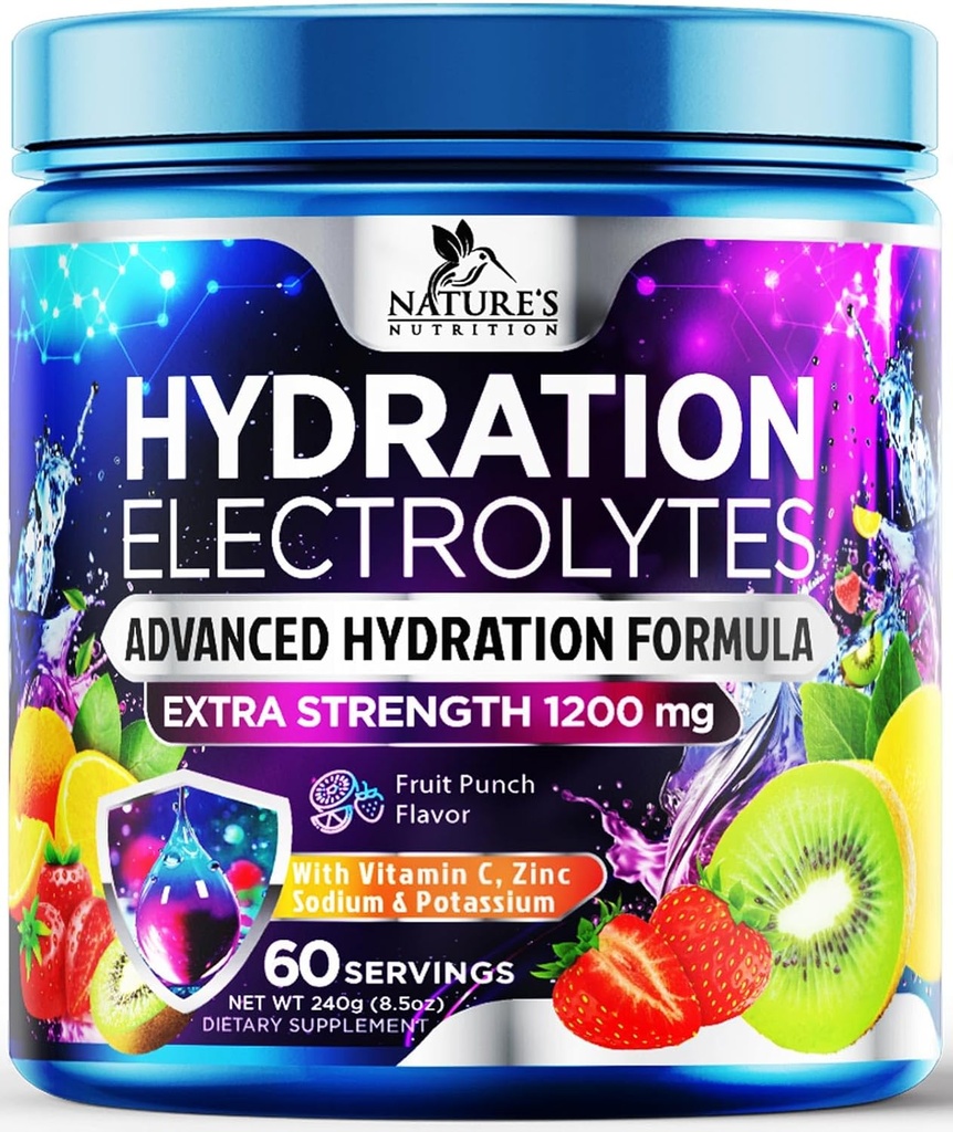 Hydration Electrolyte Powder 1200mg - Daily Liquid Replenisher Drink Mix - Electrolyte Multiplier with Minerals, Kalium & Real Salt, Keto, Non- GMO - Tasty Fruit Flavor Electrolytes - 60 Servere