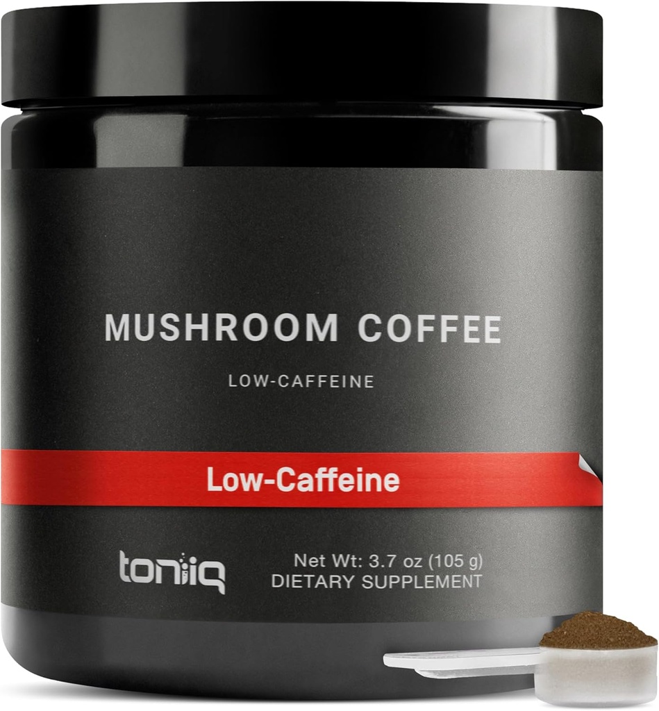 Toniiq Low- Koffein Mushroom Kaffe - Ultra High Potency 10: 1 Koncentreret ekstrakt - Colombiansk Sourced Beans med 10 Mushroom Blend, Lions Mane & Cordyceps - Funktionel kaffe alternativ