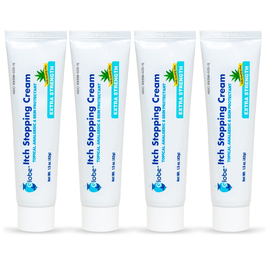 (4 Pack) Globe ekstra styrke Itch stopning Anti- Itch Cream 1,5 Oz med Histamin Blocker, Diphenhydramin HCl Topical Analygesic & Zink Acetate Skin Protectant for Relief from Most Outdoor Itches