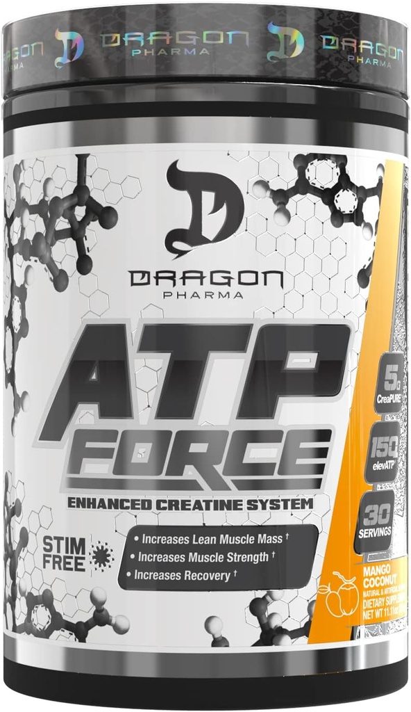 DRAGON PHARMA ATP Force Enhanced Creatin System, Stift-Free, Forøg Lean Muscle Mass & Recovery, 5 Bedste CreaPure, Forbedrer blodgennemstrømning (30 Servere, Mango Coconut)