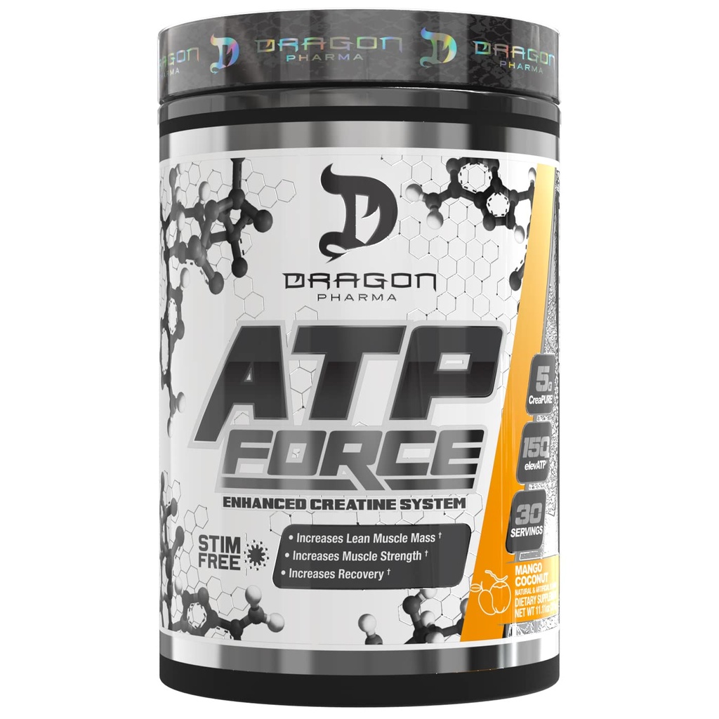 DRAGON PHARMA ATP Force Forbedret Creatin System, Stimulerende-fri, Forøg Lean Muscle Mass & Recovery, 5 mormer af CreaPure, Forbedrer blodgennemstrømning (30 Servere, Mango Coconut)