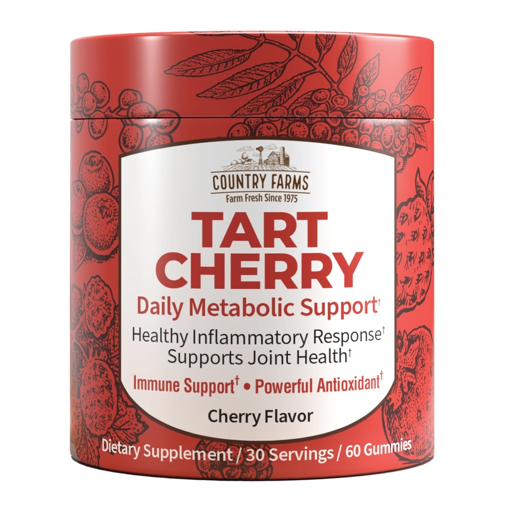 Country Farms Tart Cherry Gummies, Dialy Metabolic Support, Understøtter Knoglesundhed, pakket med Potent Antioxidanter, Cherry Flavor, 60 Gummies