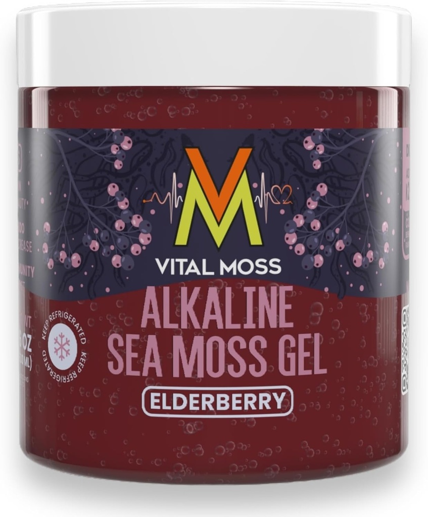 VitalMoss Elderberry Irish Sea Moss Gel, St Lucia Wildcrafted Alkaline med mineraler Vitaminer og antioxidanter, Thyroid og immunforsvar Support, Raw, Vegansk Friendly, 16oz