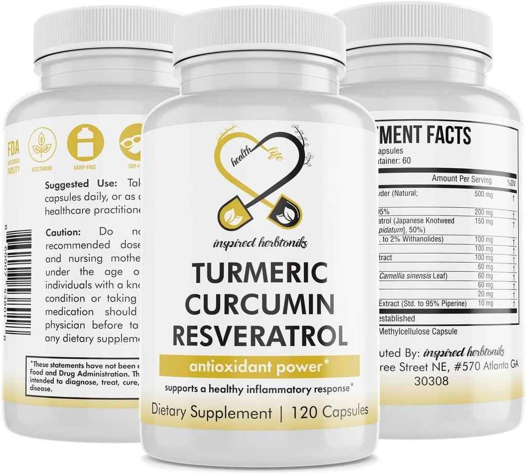 Gurkemeje Resveratrol Nutritional Supplement, Antioxidant egenskaber, understøtter god inflammation og immunsystem, 120 Veganske kapsler