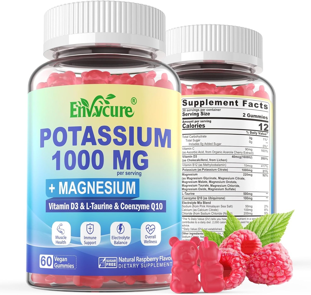 Kaliumsupplement Gummies - 1000 mg Kaliumcitrat med Magnesiumkompleks / Glycinat / Citrat, Coq10, L- Taurine, B12, D3- Electrolyte, Energy, Brain - Kalium Magnesium supplement til voksne, 2Pack