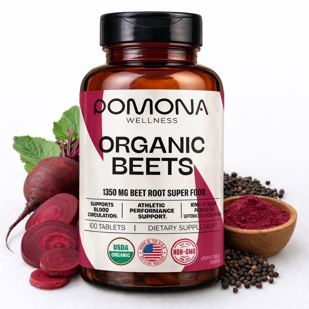 Pomona Wellness Beetroot Supplement Powder 1350mg, understøtter blodtryk, hjerte sundhed, cirkulation, energi & atletisk ydeevne, USDA Organic, Non- GMO, Vegan, 100 tabletter