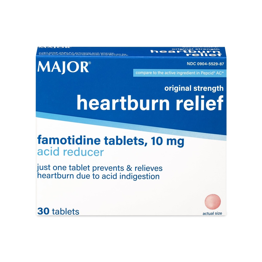 MAJOR Original Strength Heartburn Relief - Famotidine Tablets, 10 mg - Acid Reducer - 30 tabletter (1- Pack)