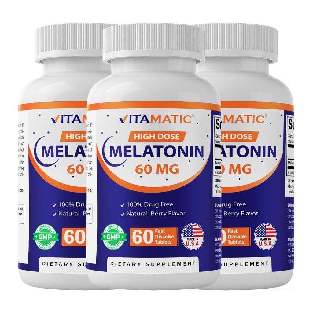 Vitamatisk melatonin 60 mg hurtigt opløses tabletter - 60 Veganske naturlige berry flavor tabletter - ikke-Habit Danning - ikke-GMO, Gluten Free (3 flasker)