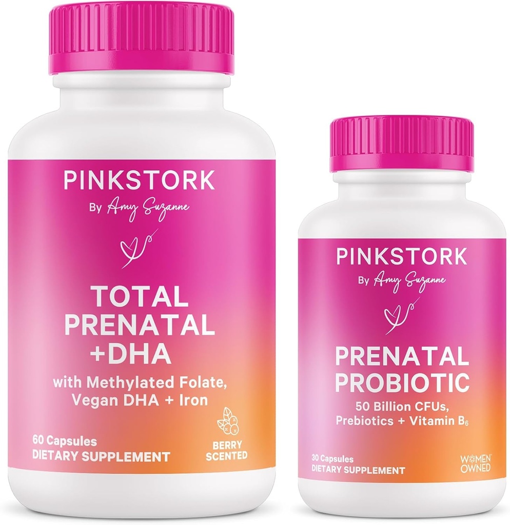 Pink Stork Prenatal Vitamin Duo: Prenatal Vitamin og Probiotika til Gravide Kvinder -Morgen Sygdom og Føtal Development Support med DHA, Folate, Vitamin B6, og mere - 2 Produkter, 90 Kapsler